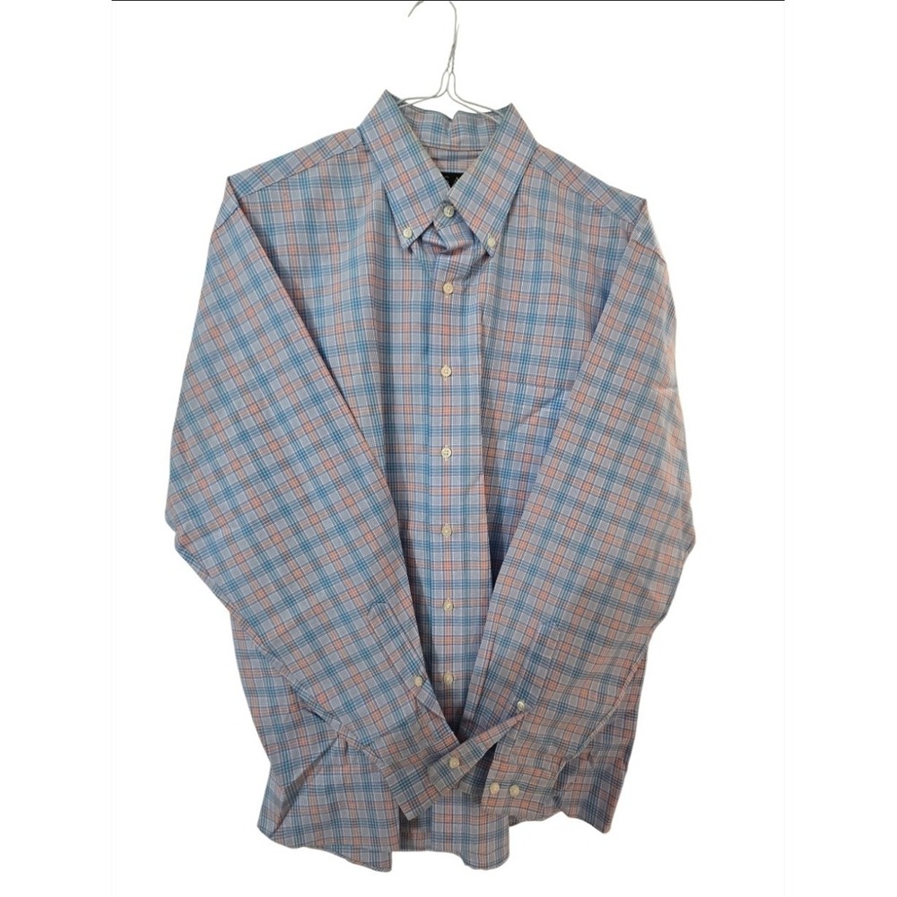 Jos. A. Bank Traveler's Collection Shirt Mens‎ L Large Blue Orange Plaid Cotton